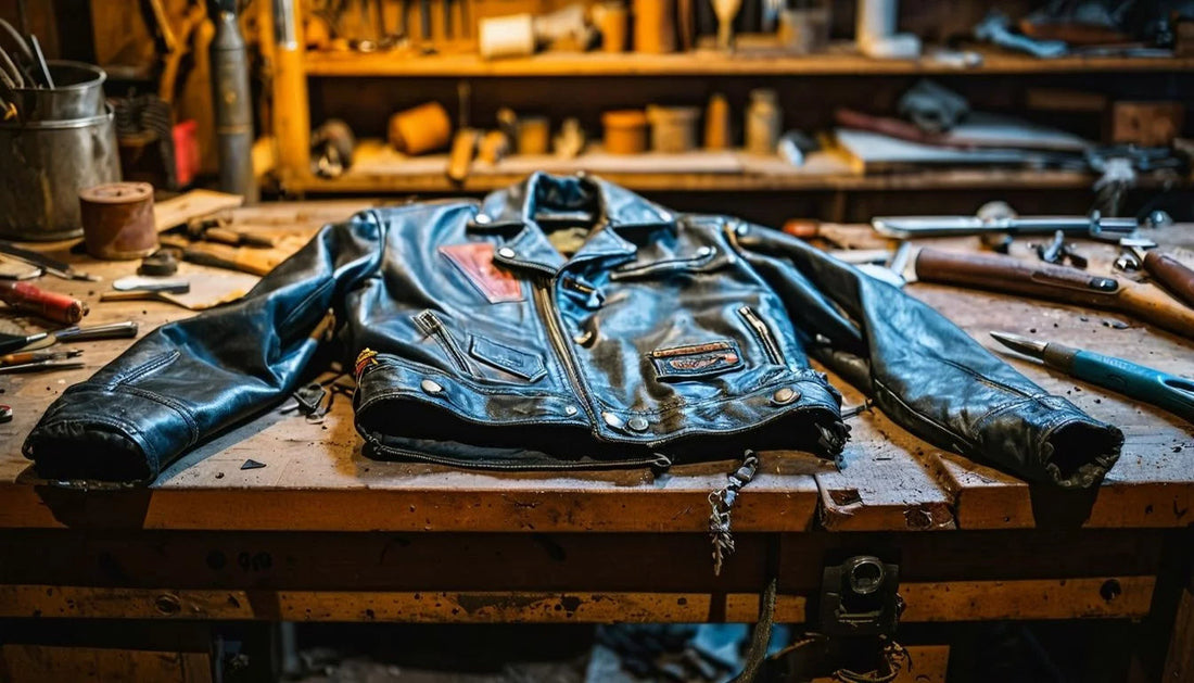 Vintage black leather jacket laid out on a wooden workbench in a restoration workshop — showcasing the craftsmanship and process behind vintage leather repair at Revive & Restore Vintage.