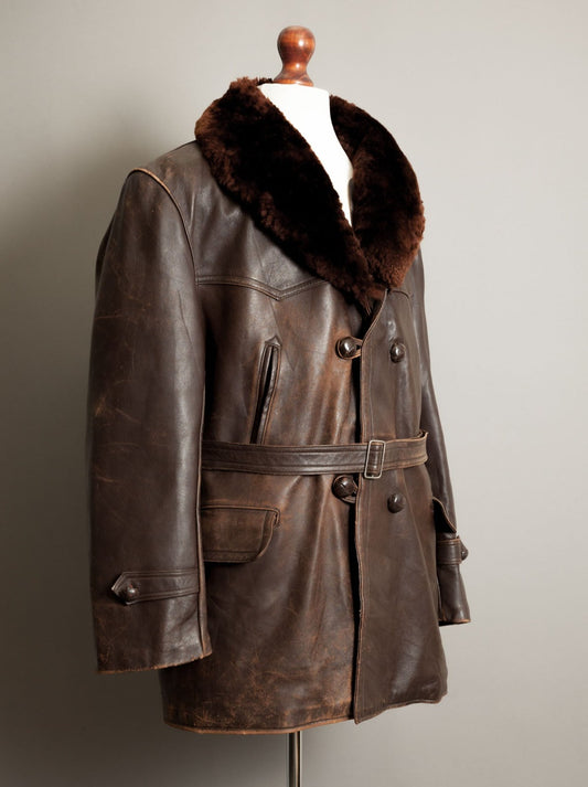 Vintage 1950s German Leather Barnstormer Trench Coat Jacket - XL (44-46)