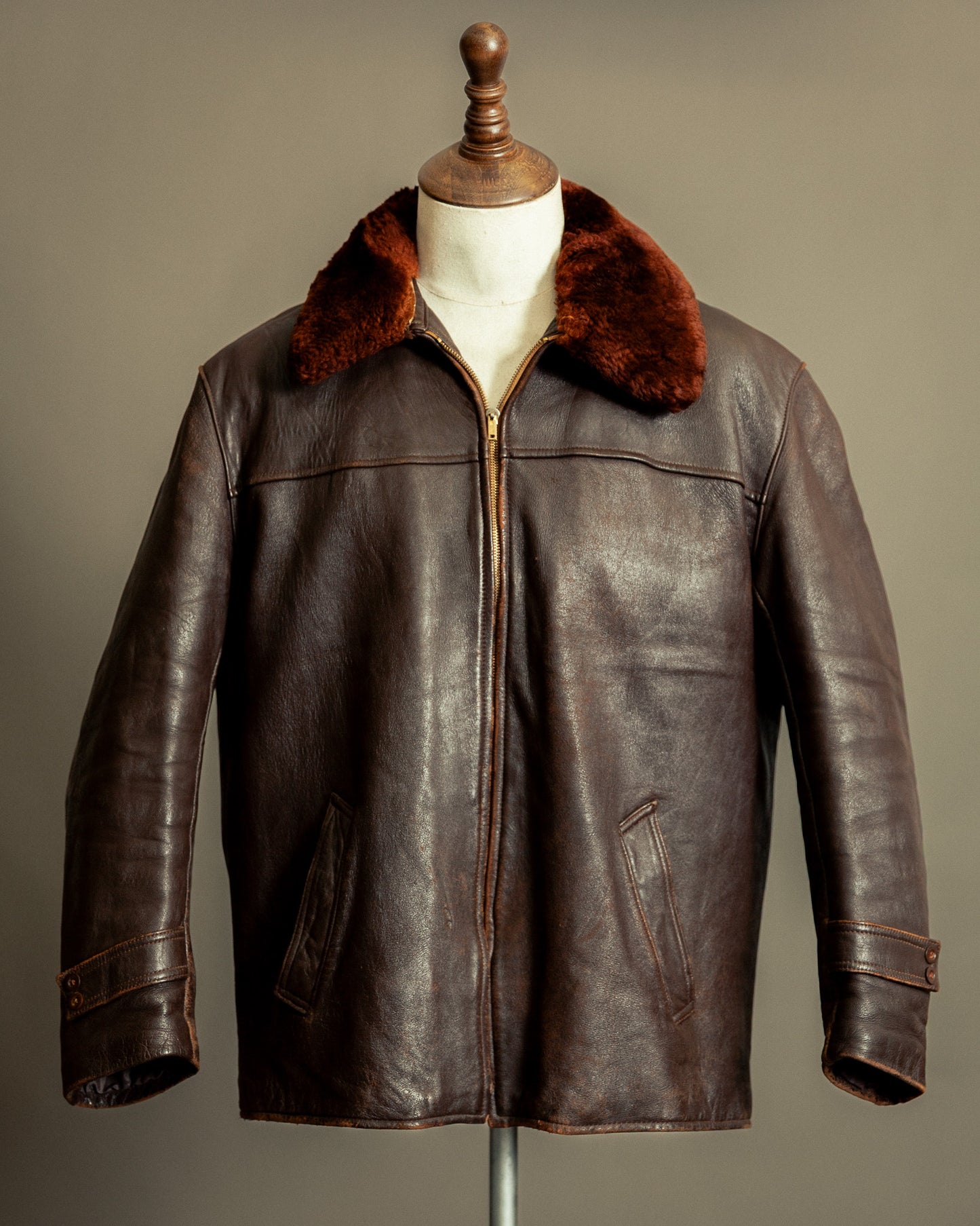 1940s French Vintage Leather Workwear Blouson Mouton Collar - XL (44-46)