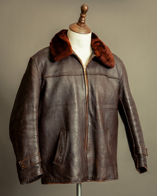 1940s French Vintage Leather Workwear Blouson Mouton Collar - XL (44-46)
