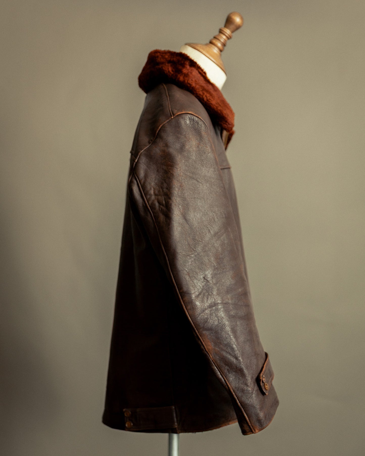 1940s French Vintage Leather Workwear Blouson Mouton Collar - XL (44-46)