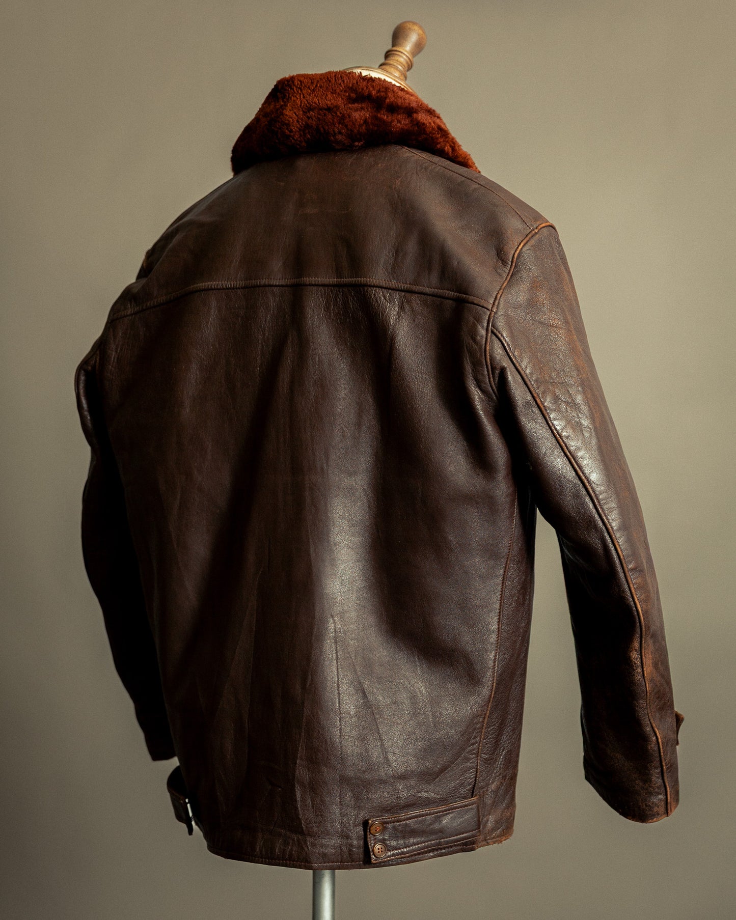 1940s French Vintage Leather Workwear Blouson Mouton Collar - XL (44-46)