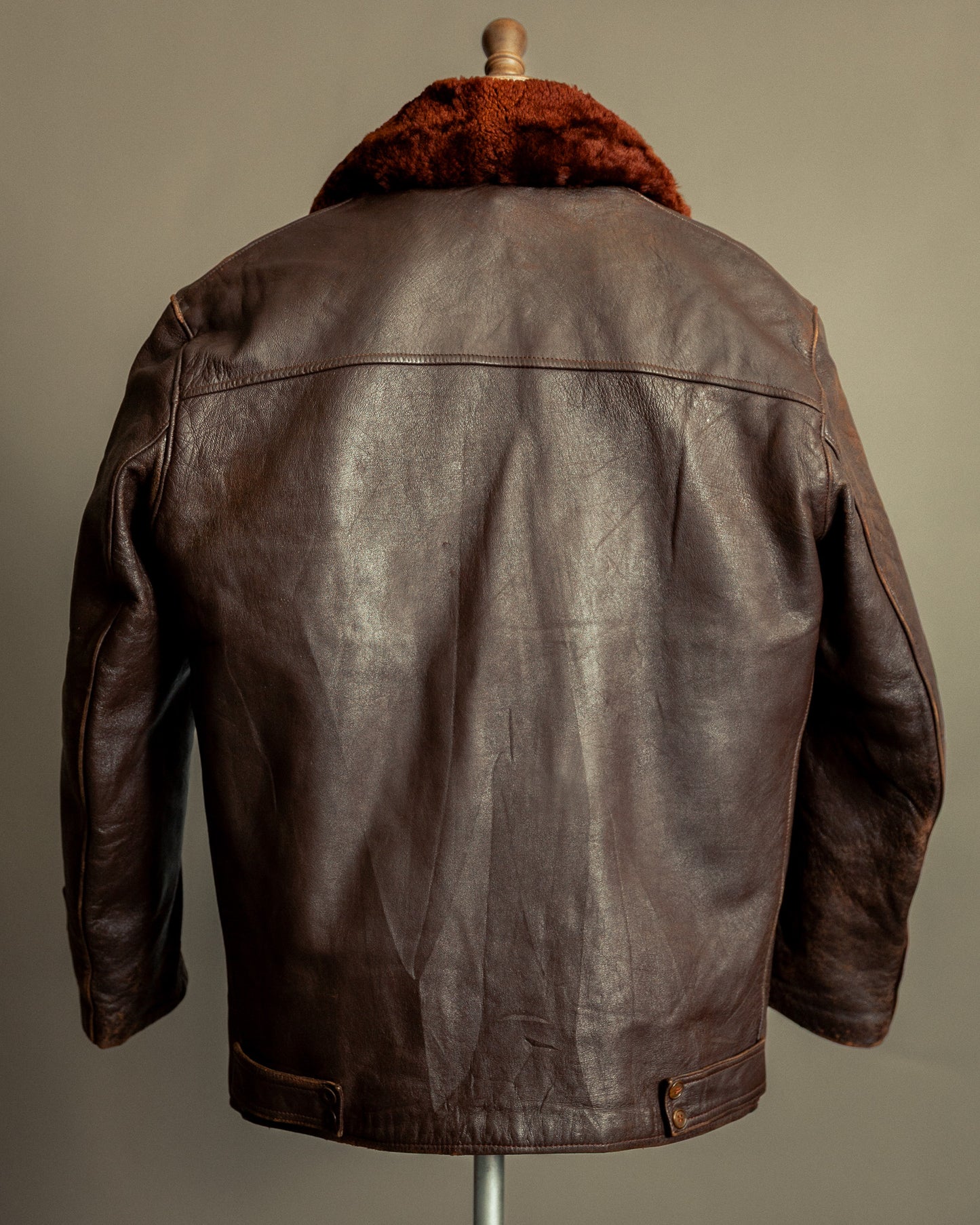 1940s French Vintage Leather Workwear Blouson Mouton Collar - XL (44-46)
