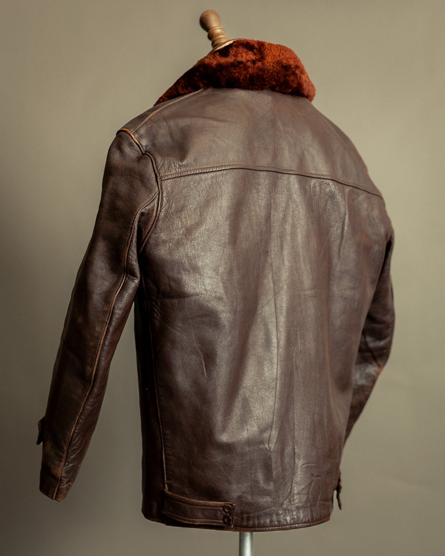 1940s French Vintage Leather Workwear Blouson Mouton Collar - XL (44-46)