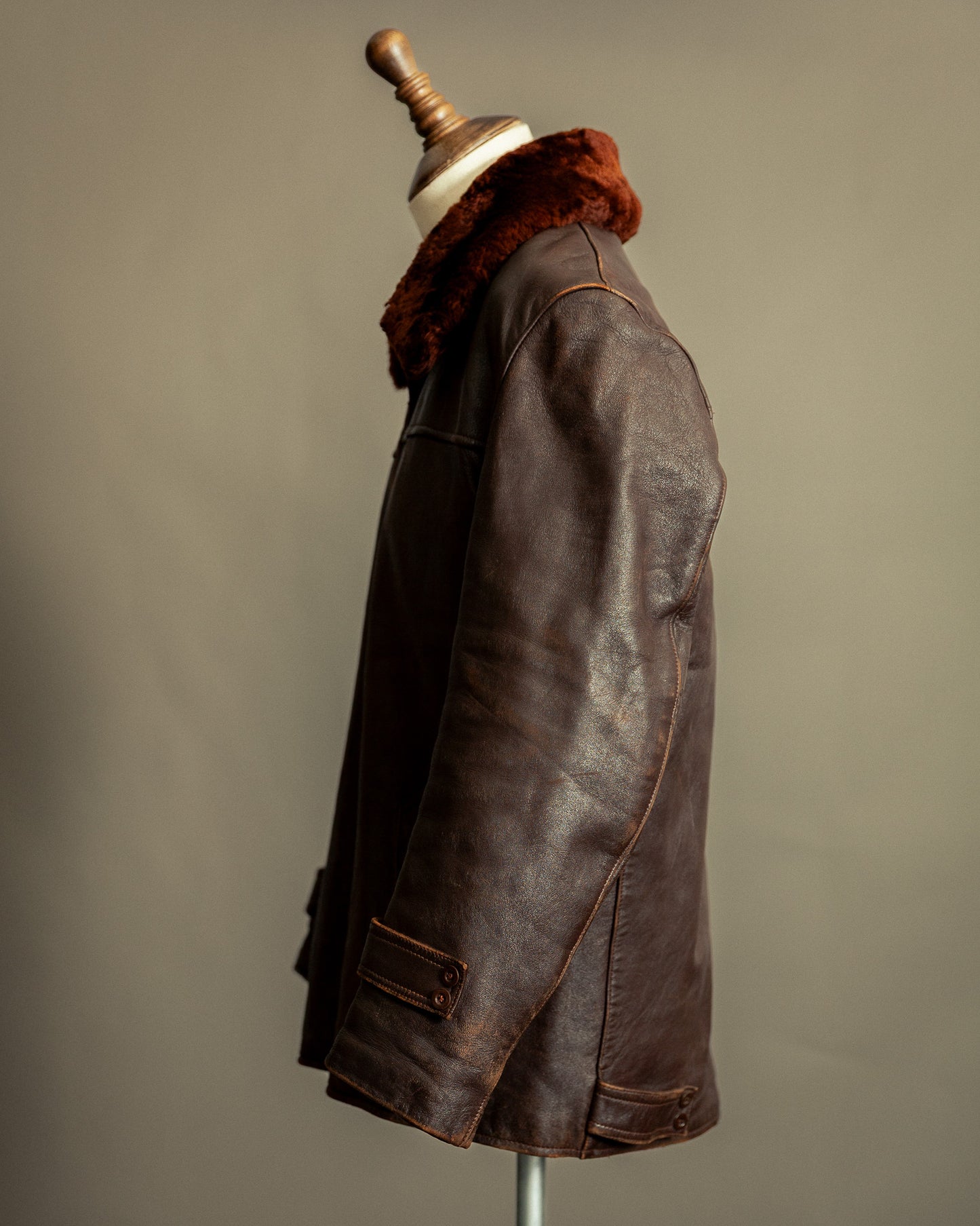 1940s French Vintage Leather Workwear Blouson Mouton Collar - XL (44-46)