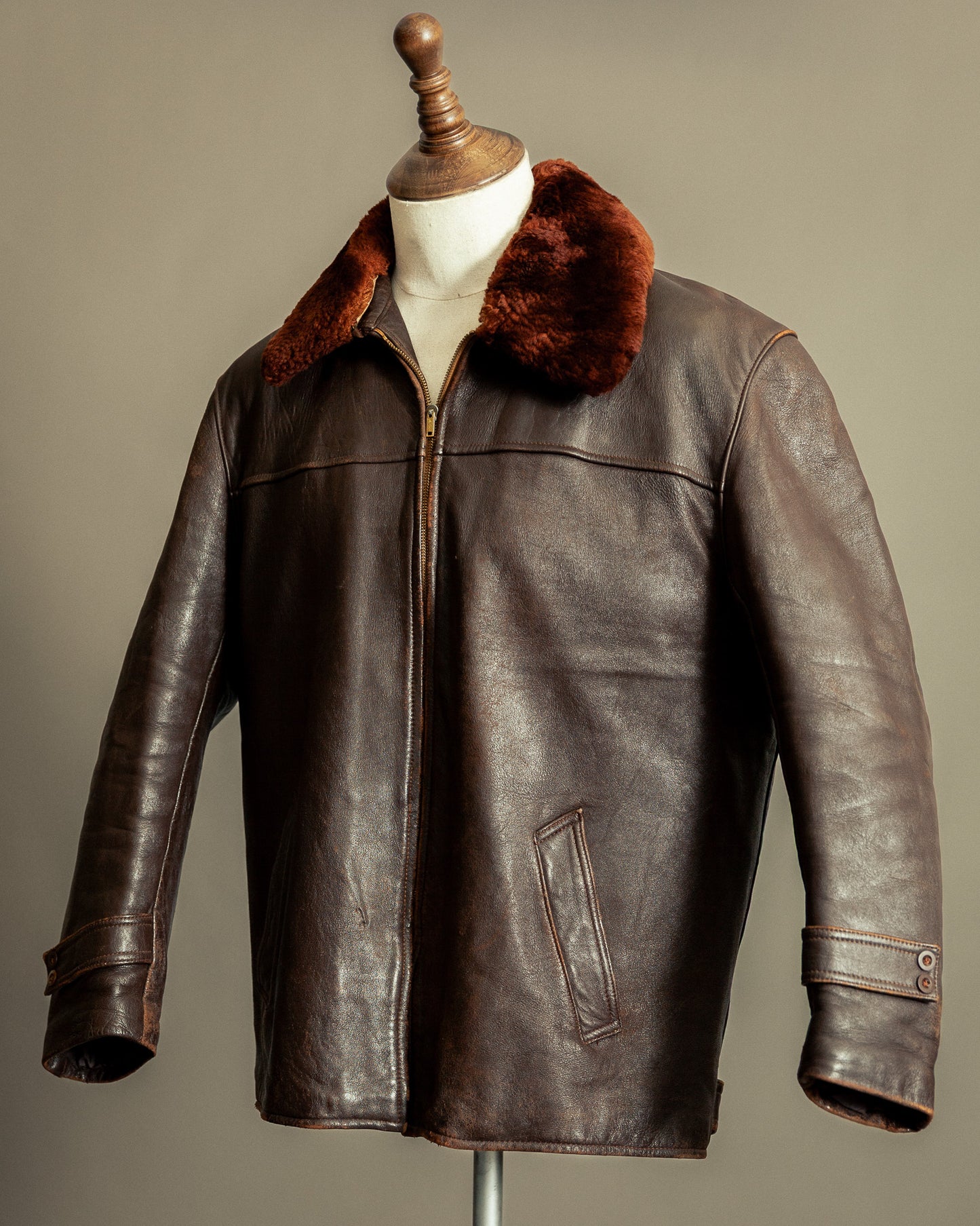 1940s French Vintage Leather Workwear Blouson Mouton Collar - XL (44-46)