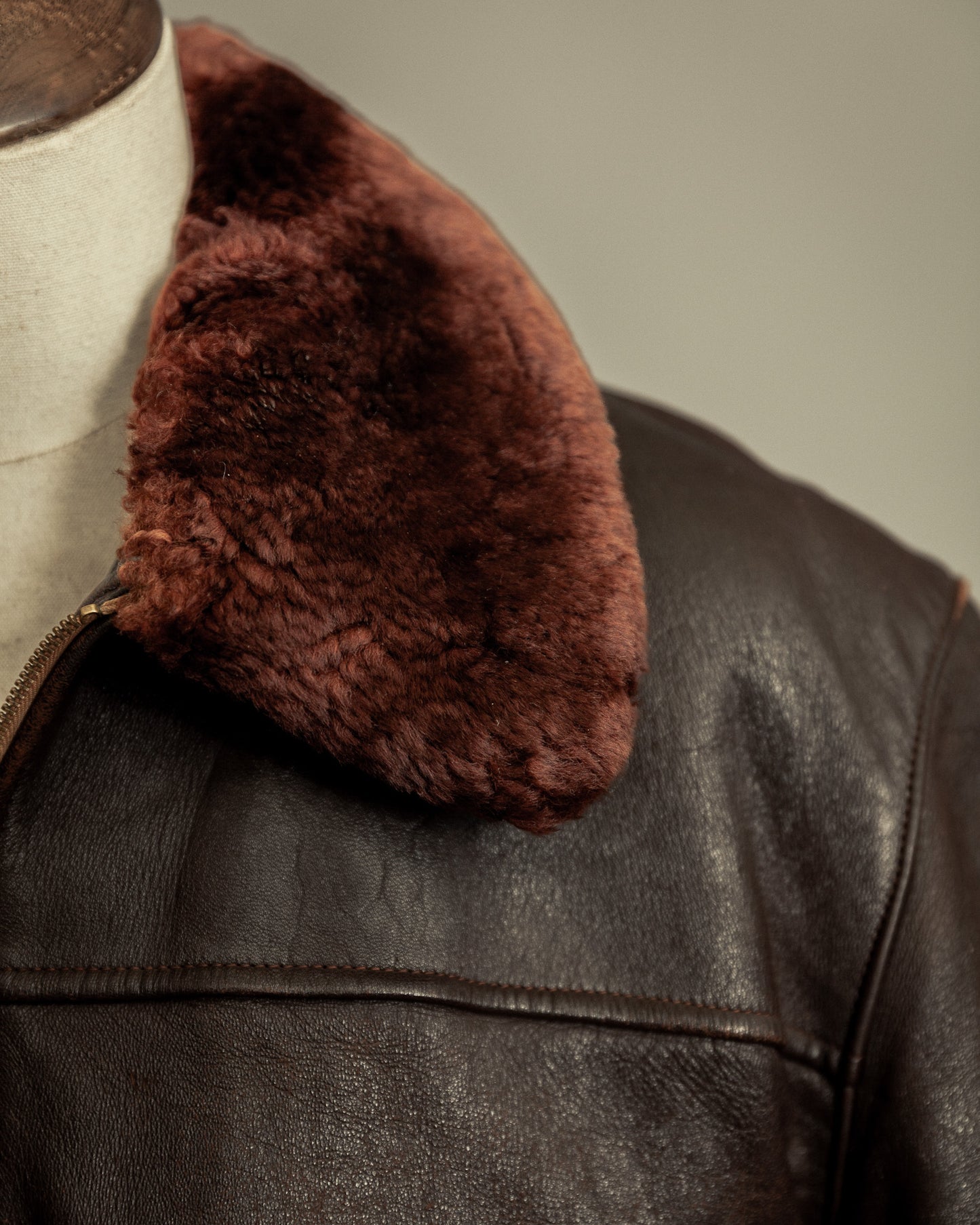 1940s French Vintage Leather Workwear Blouson Mouton Collar - XL (44-46)