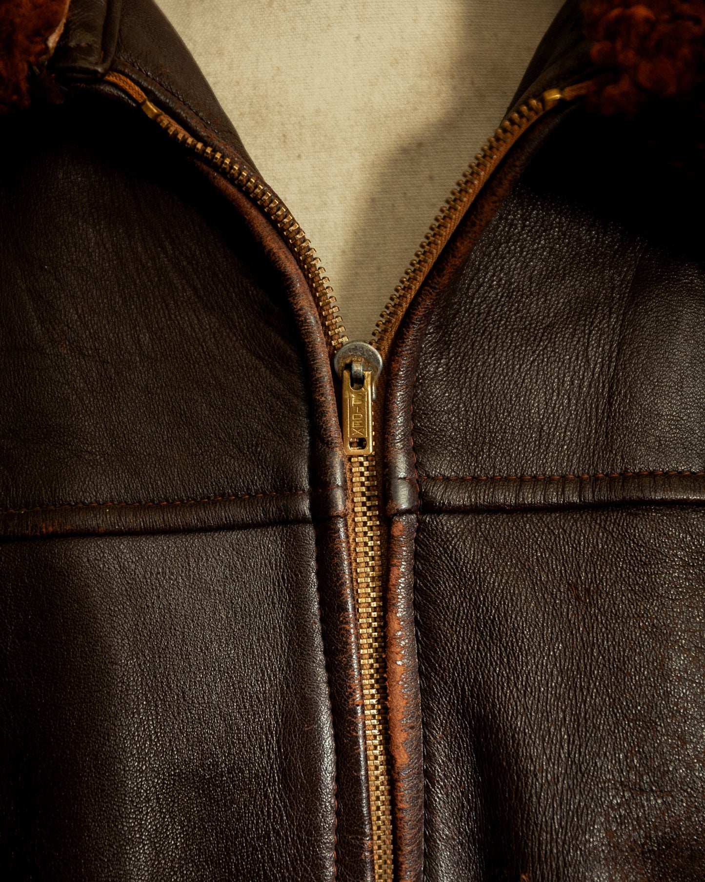 1940s French Vintage Leather Workwear Blouson Mouton Collar - XL (44-46)