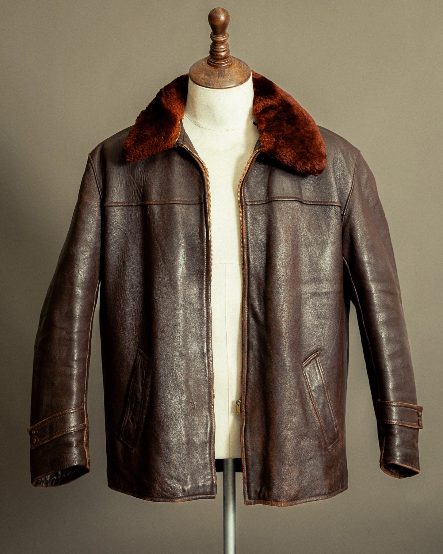 1940s French Vintage Leather Workwear Blouson Mouton Collar - XL (44-46)