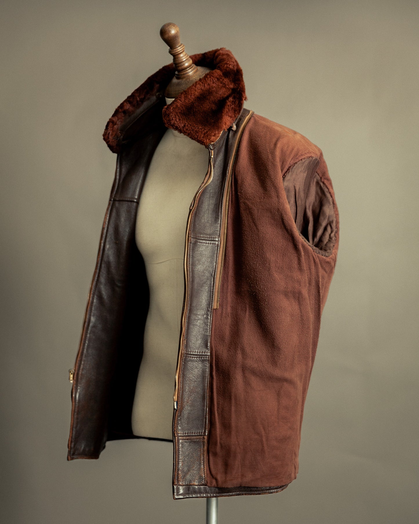 1940s French Vintage Leather Workwear Blouson Mouton Collar - XL (44-46)