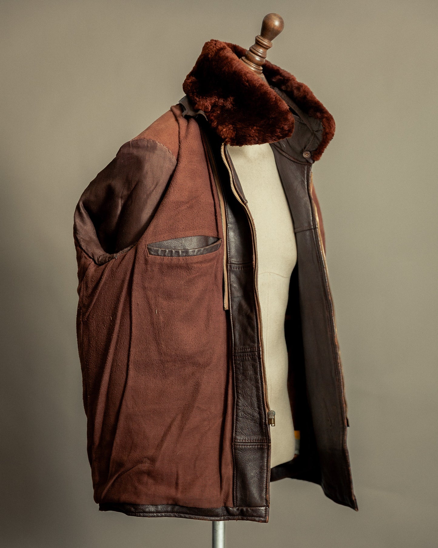 1940s French Vintage Leather Workwear Blouson Mouton Collar - XL (44-46)