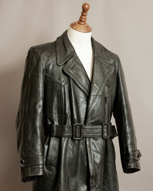 Vintage WW2 German Horsehide Leather Officers Trench Coat - Small (38-40)