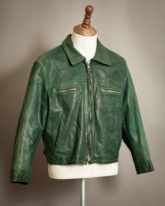 Vintage 1980s Chevignon Green Leather Biker Jacket – Large (42 -44 Short)