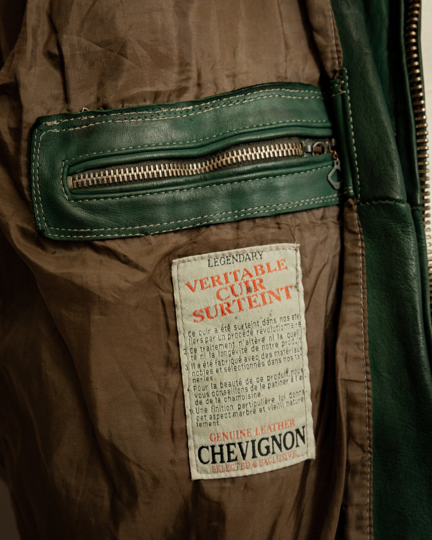 Vintage 1980s Chevignon Green Leather Biker Jacket – Large (42 -44 Short)