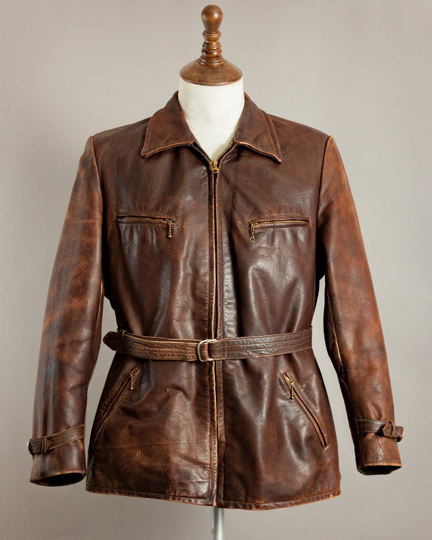 1940s German Horsehide Belted Motorcycle Jacket - Medium (42-44)