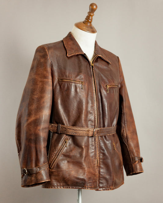 1940s German Horsehide Belted Motorcycle Jacket - Medium (42-44)