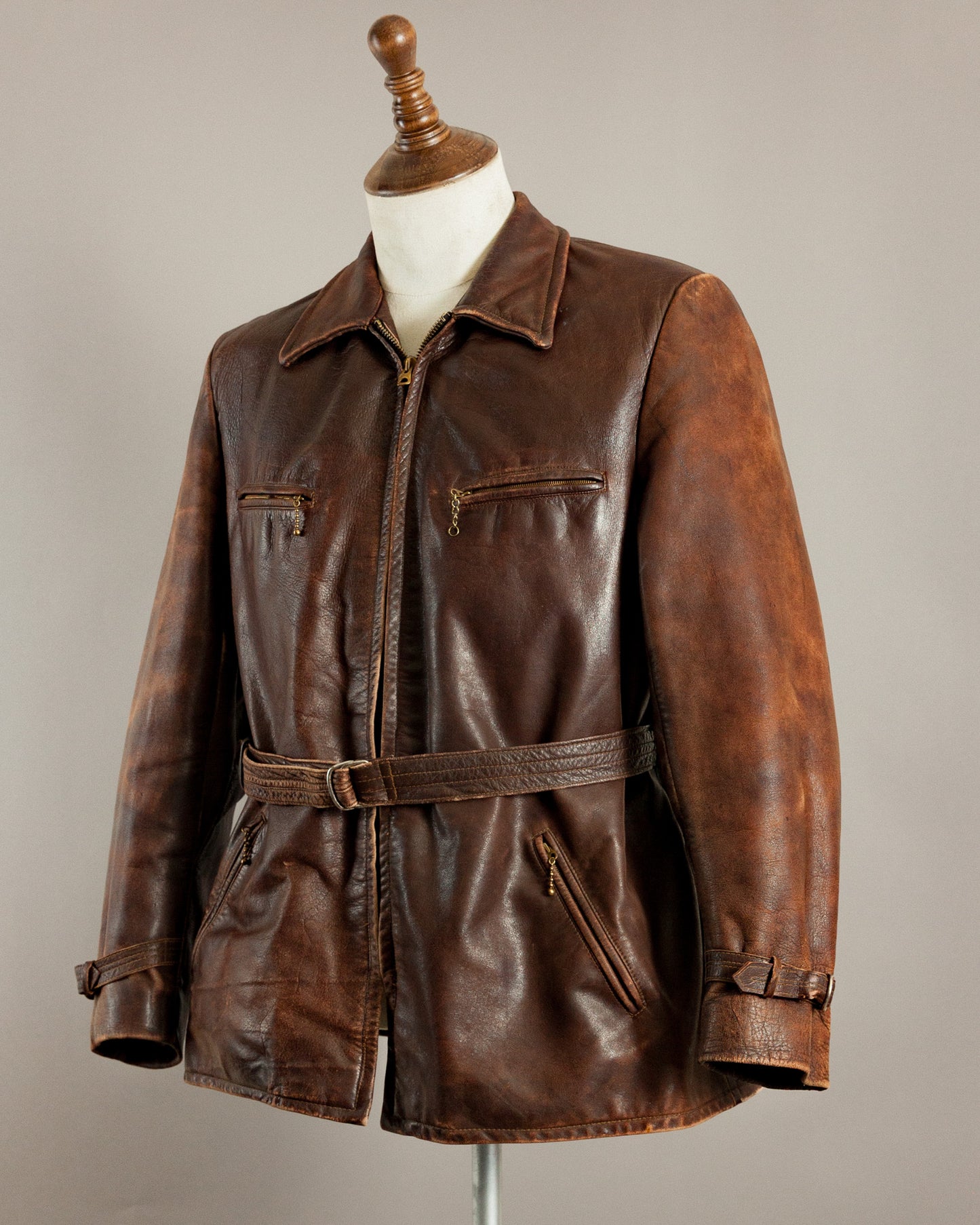 1940s German Horsehide Belted Motorcycle Jacket - Medium (42-44)