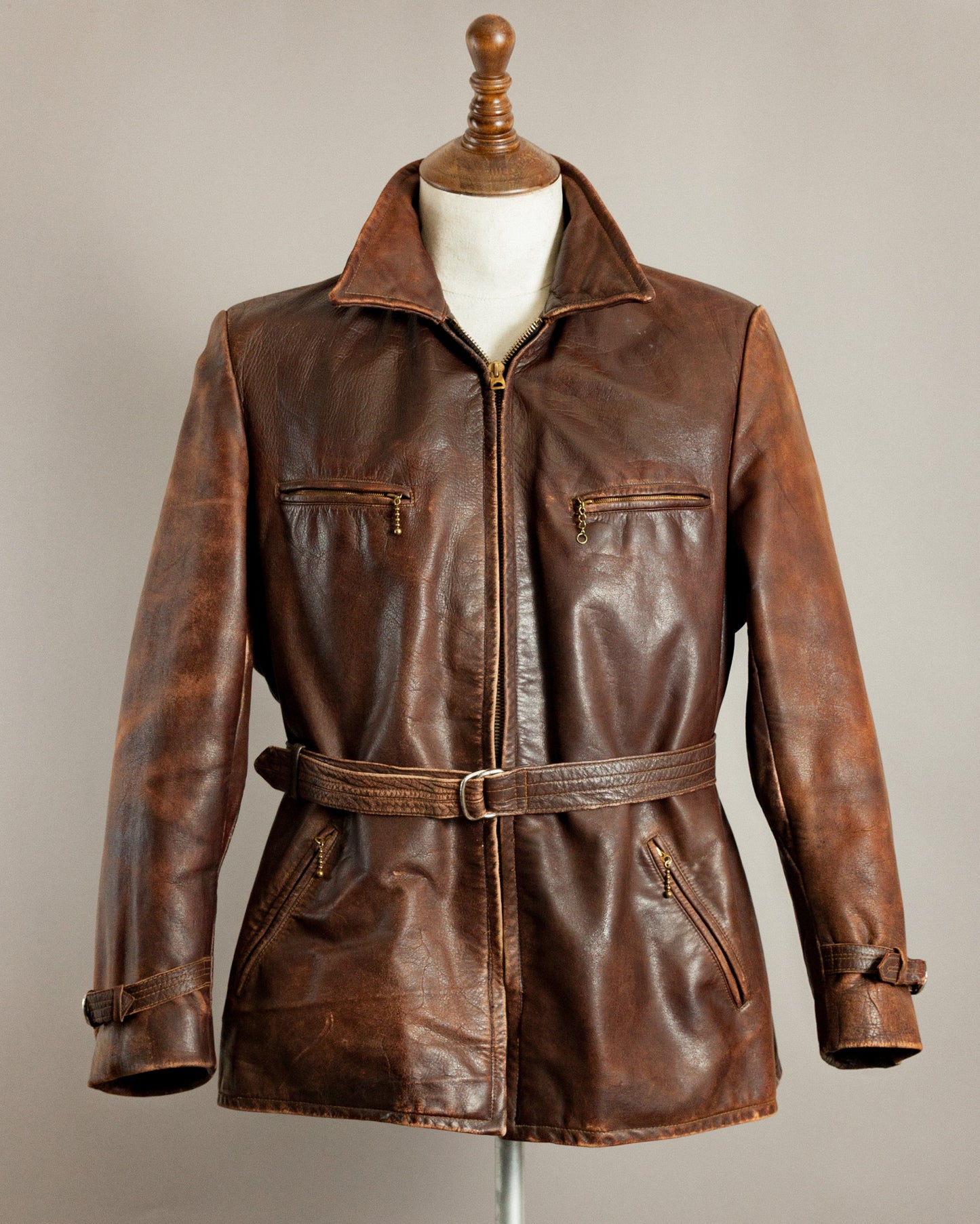 1940s German Horsehide Belted Motorcycle Jacket - Medium (42-44)