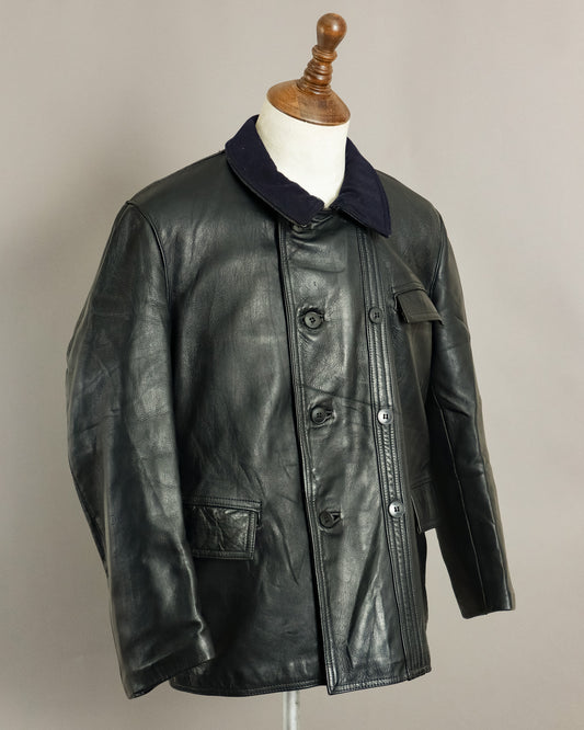 1950s French Le Corbusier Leather Work Jacket Wool Collar Medium (42)