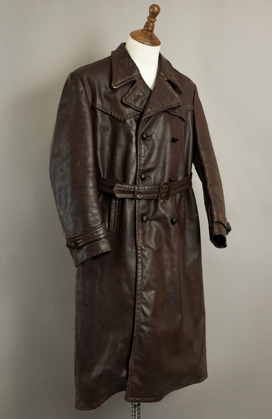Rare 1940s German Wehrmacht Officer's Horsehide Leather Trench Coat (42-44)
