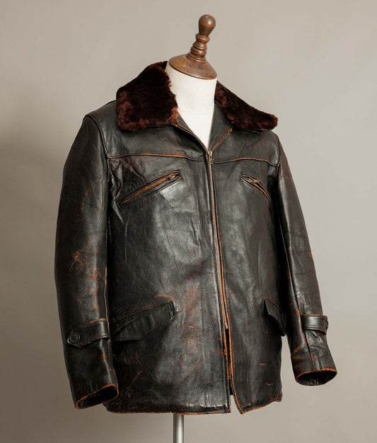 Vintage French leather jacket from the 1940s showing tea core leather and angled Éclair chest pockets