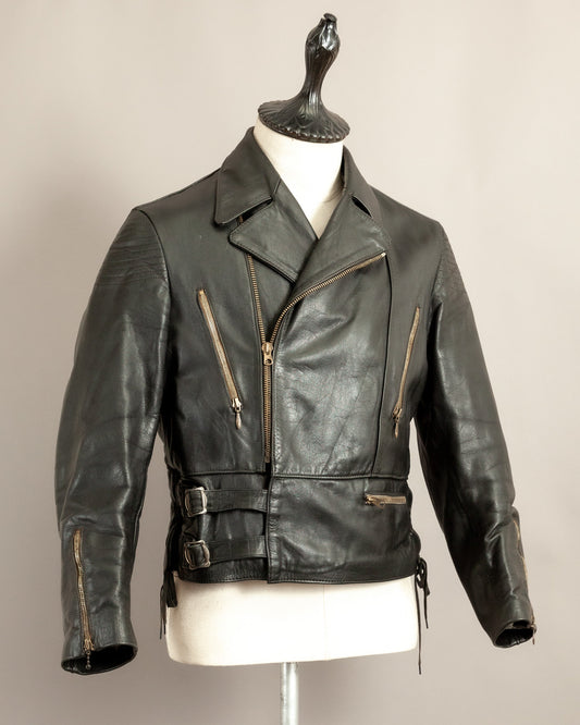 Vintage 1950s German Black Leather Motorcycle Jacket Small (38)