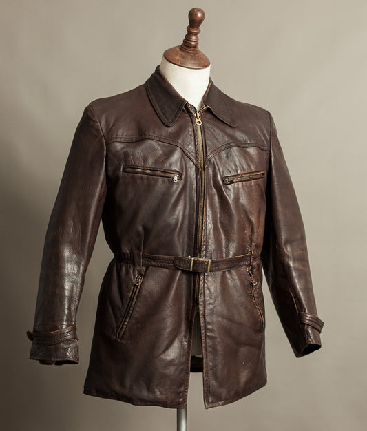 Vintage 1940s German Leather Belted Motorcycle Jacket