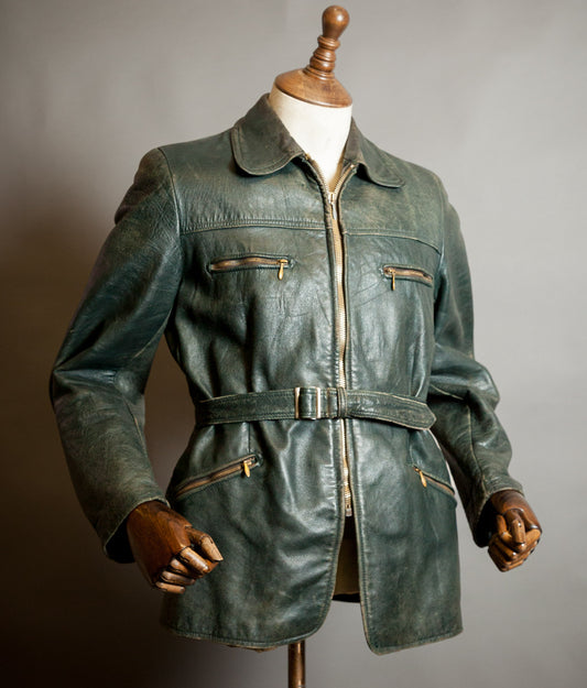 Vintage 1940s German Goatskin Leather Belted Motoring Coat