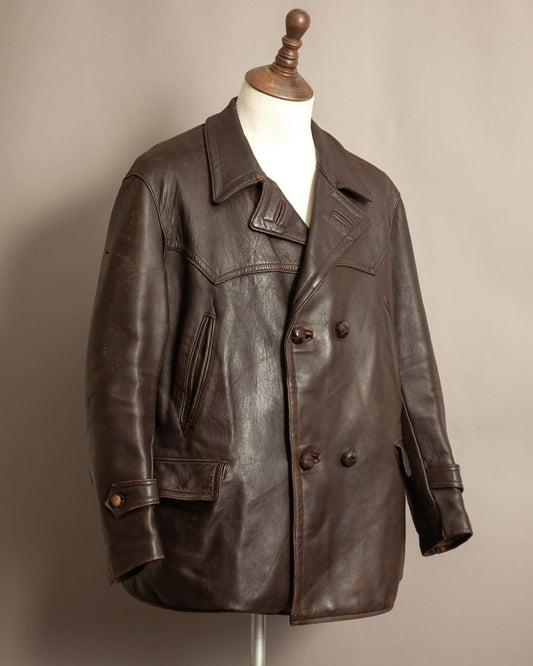 1940’s WWII French Double Breasted Motorcycle Leather Jacket Large (44)