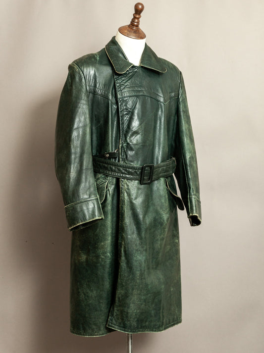 Vintage 1930s–40s German Green Horsehide Leather Trench Coat L (44)