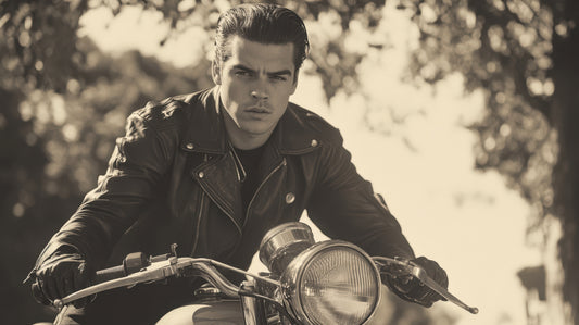 Black-and-white photograph of a man wearing a vintage leather biker jacket on a motorcycle — symbolising the rebellious spirit and heritage of biker culture, featured by Revive & Restore Vintage.