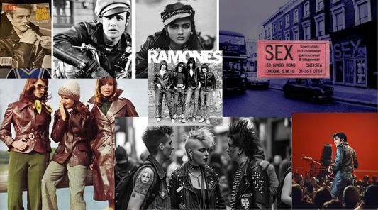 Collage of vintage leather jacket icons — WWII pilots, 1950s bikers, and 1970s rock musicians — representing the cultural evolution of leather jackets, featured by Revive & Restore Vintage.