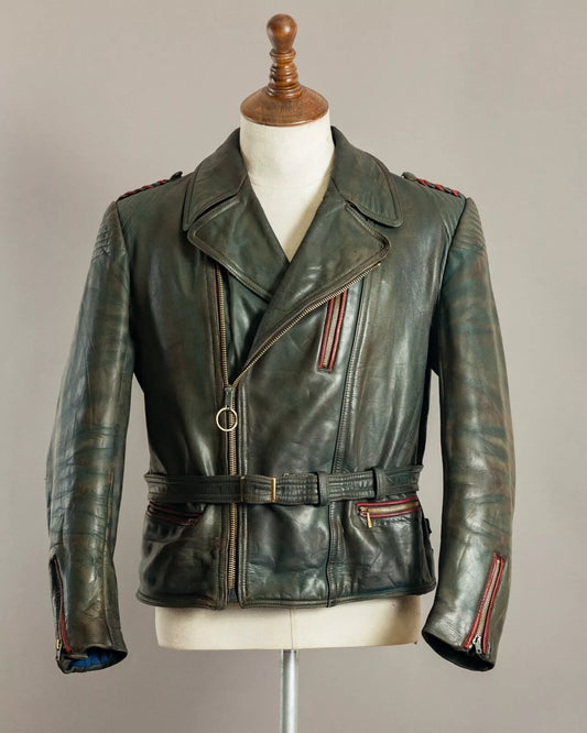 Vintage 1950s German leather motorcycle jacket in dark green vegetable-tanned hide with belted waist and red Talon zipper, restored by Revive & Restore Vintage.
