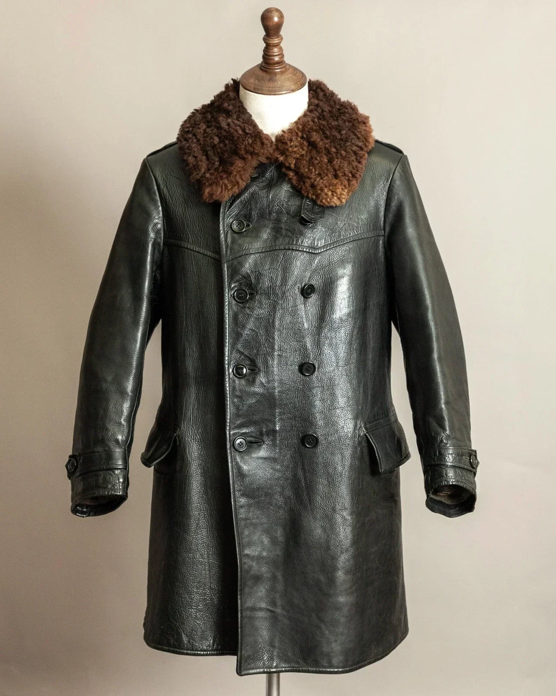Vintage 1940s Swedish Military Officer’s Leather Trench Coat in black goatskin with sheepskin collar, restored by Revive & Restore Vintage