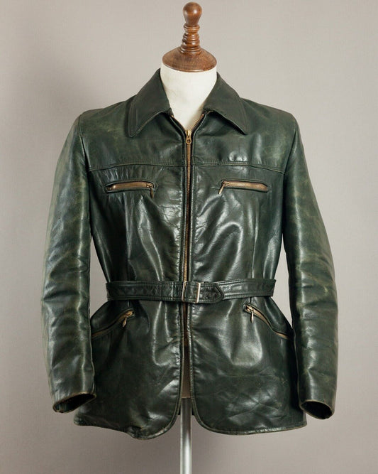 Restored WWII-era green leather officer jacket featured in Netflix’s SAS: Rogue Heroes, meticulously revived by Revive & Restore Vintage using authentic restoration methods.
