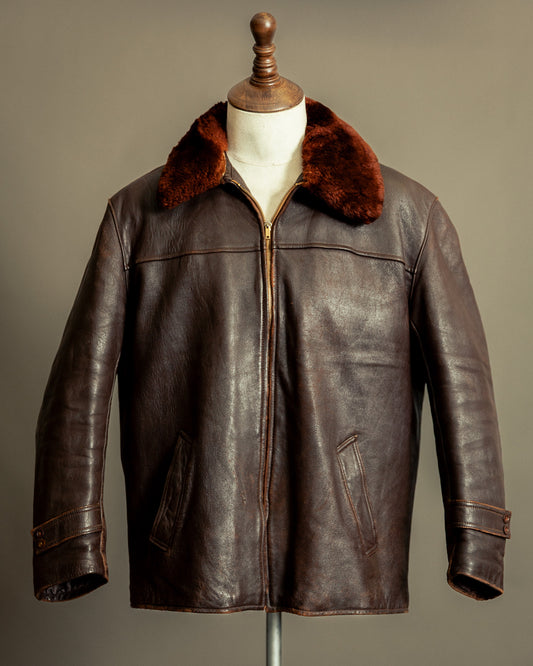 1940s French Vintage Leather Workwear Blouson Mouton Collar - XL (44-46)