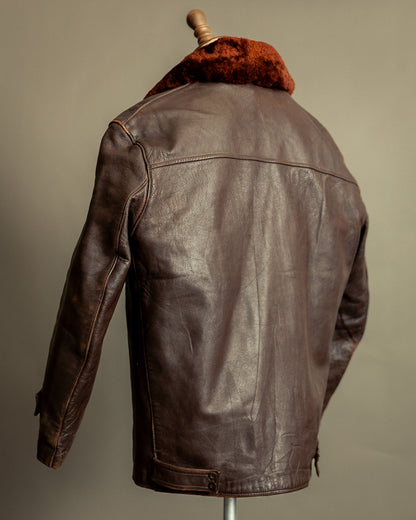 1940s French Vintage Leather Workwear Blouson Mouton Collar - XL (44-46)