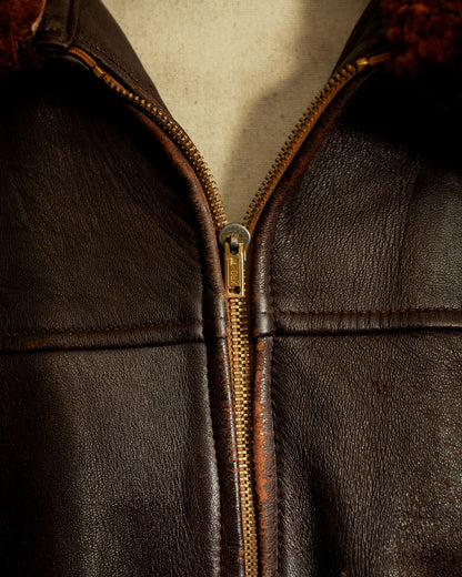 1940s French Vintage Leather Workwear Blouson Mouton Collar - XL (44-46)