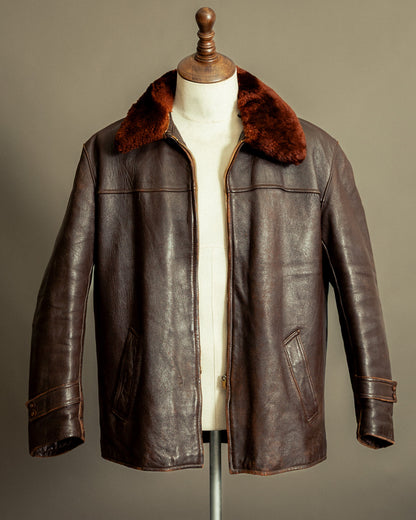 1940s French Vintage Leather Workwear Blouson Mouton Collar - XL (44-46)