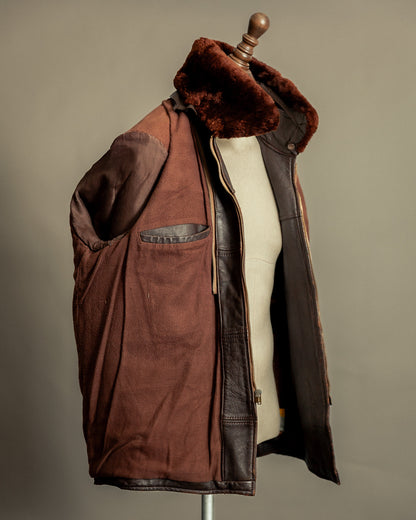1940s French Vintage Leather Workwear Blouson Mouton Collar - XL (44-46)