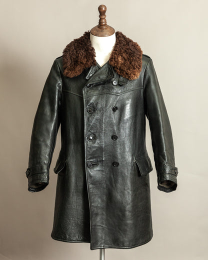 Vintage 1940s Swedish Officers Goatskin Leather Trench Coat Sheepskin Collar – Medium (42)