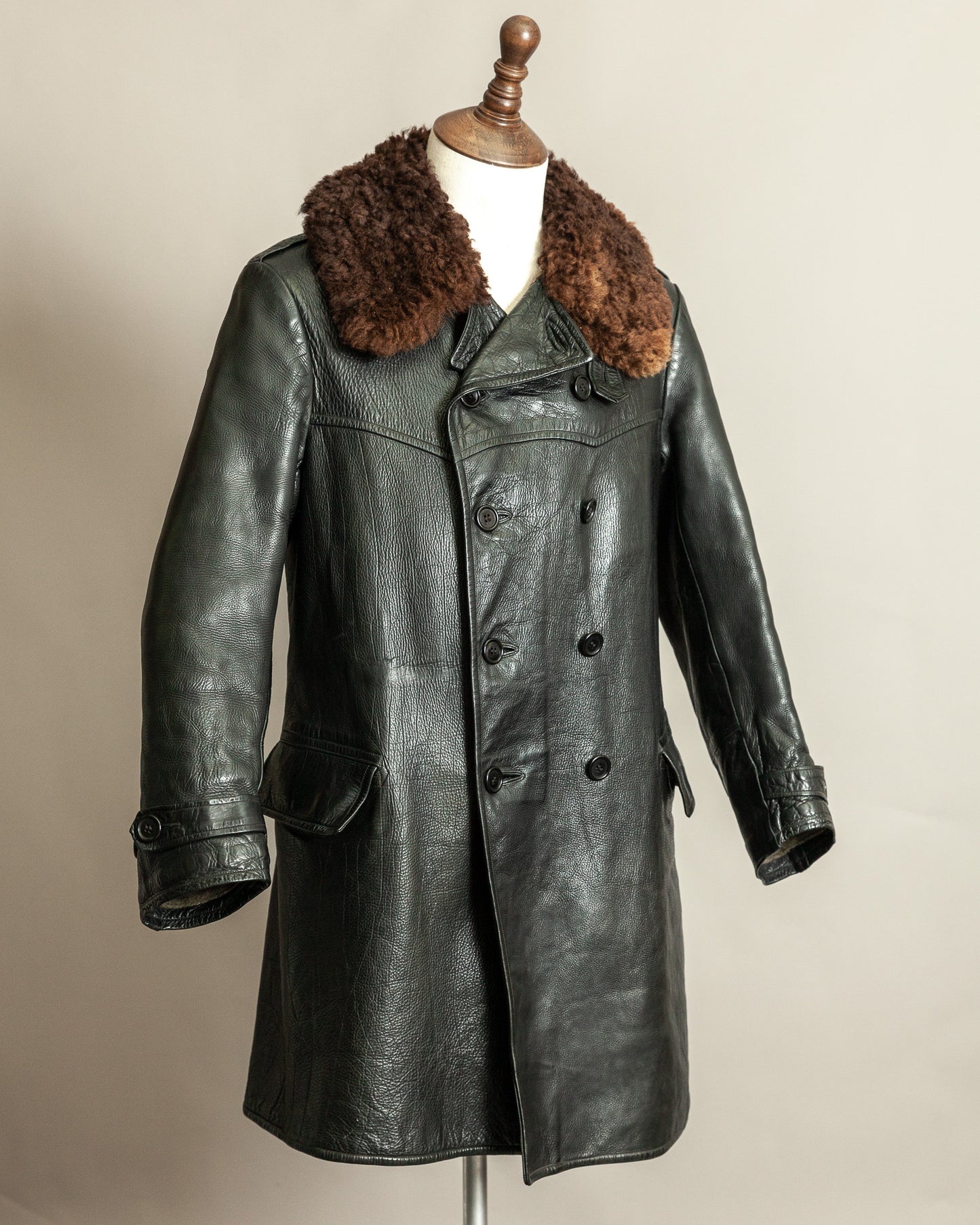 Vintage 1940s Swedish Officers Goatskin Leather Trench Coat Sheepskin Collar – Medium (42)