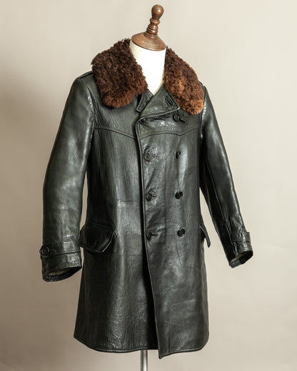 Vintage 1940s Swedish Officers Goatskin Leather Trench Coat Sheepskin Collar – Medium (42)