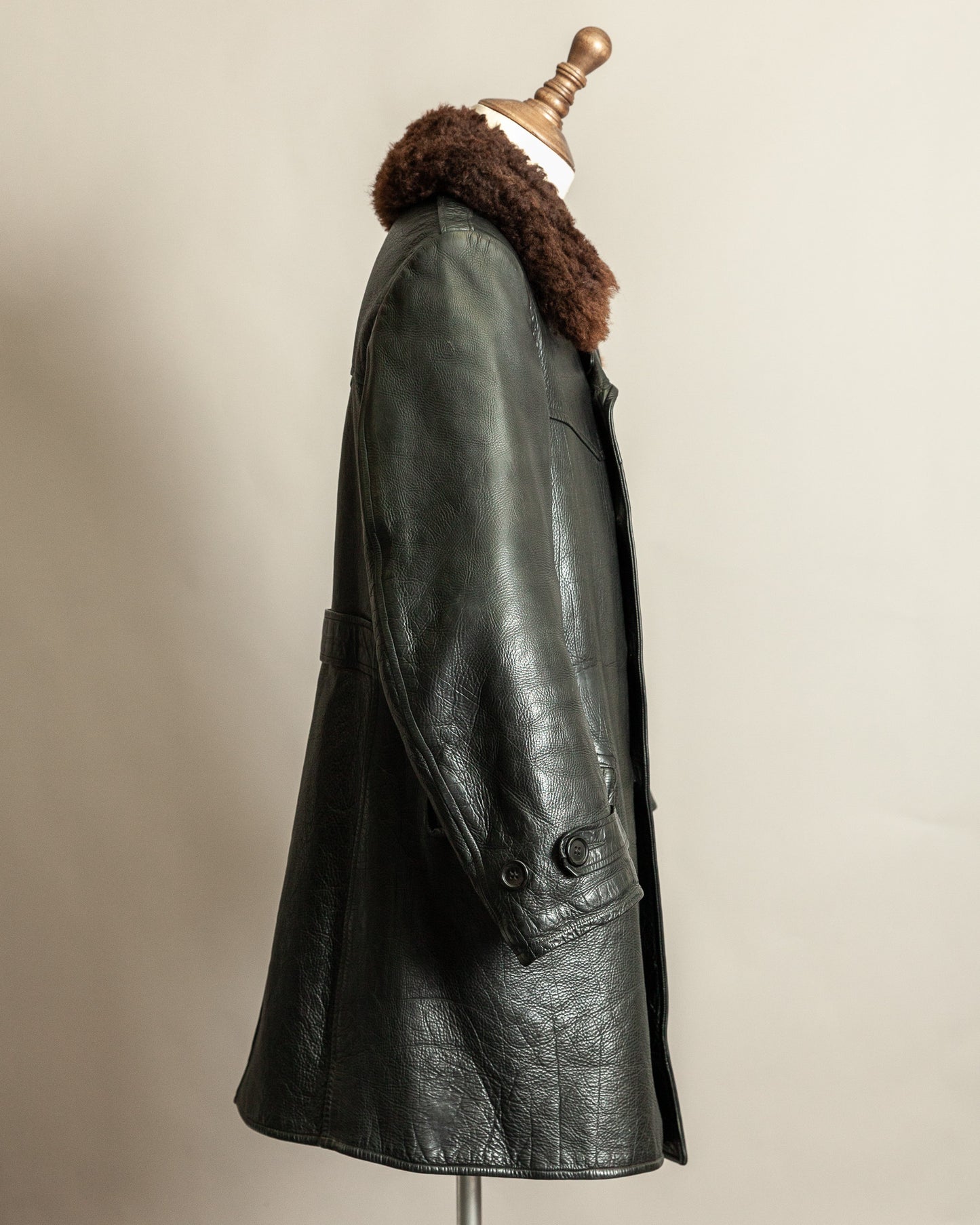 Vintage 1940s Swedish Officers Goatskin Leather Trench Coat Sheepskin Collar – Medium (42)