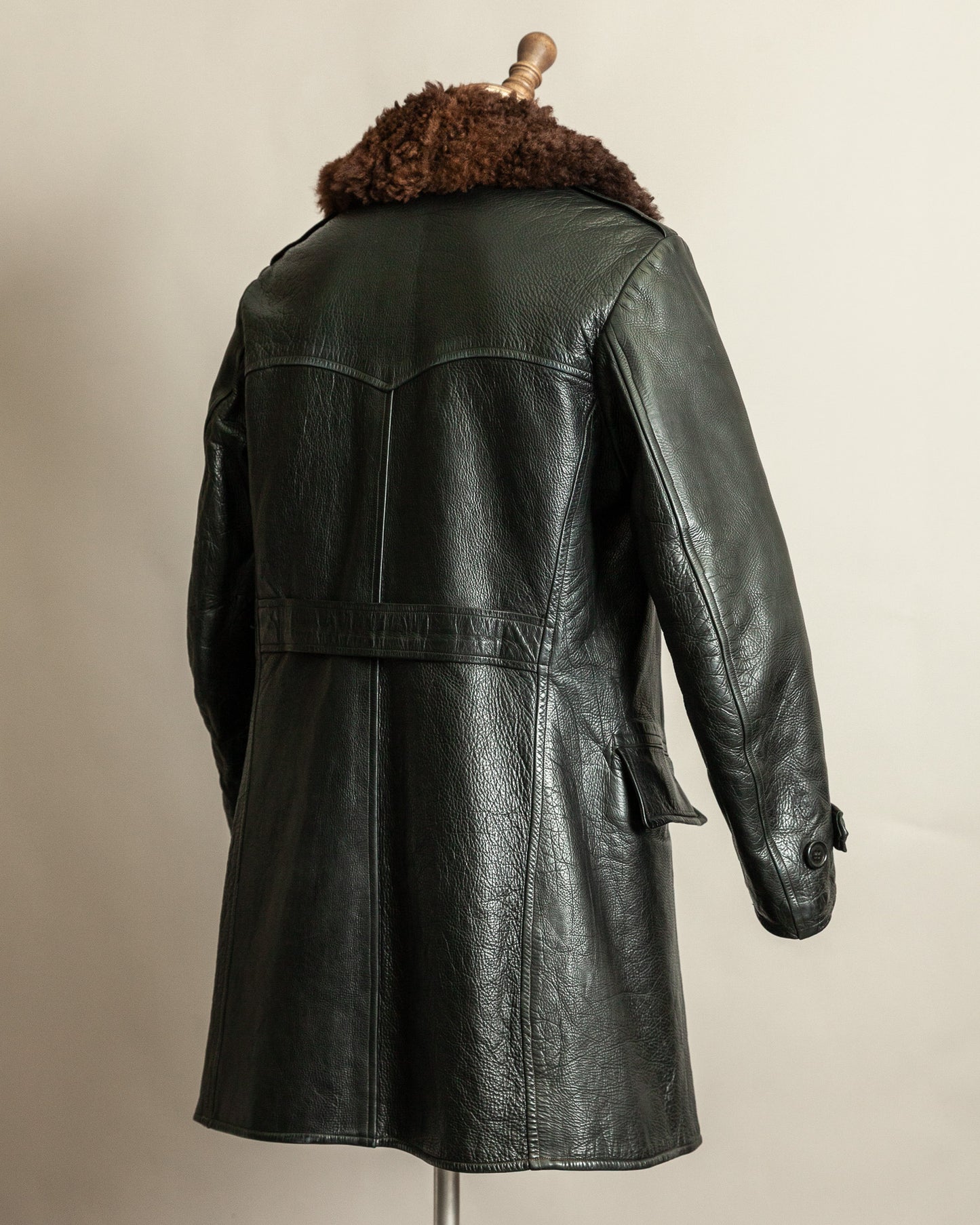 Vintage 1940s Swedish Officers Goatskin Leather Trench Coat Sheepskin Collar – Medium (42)