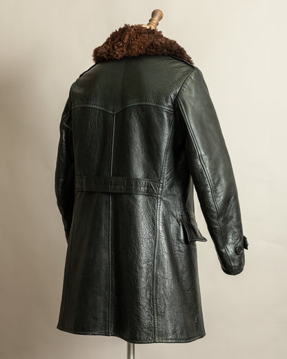 Vintage 1940s Swedish Officers Goatskin Leather Trench Coat Sheepskin Collar – Medium (42)