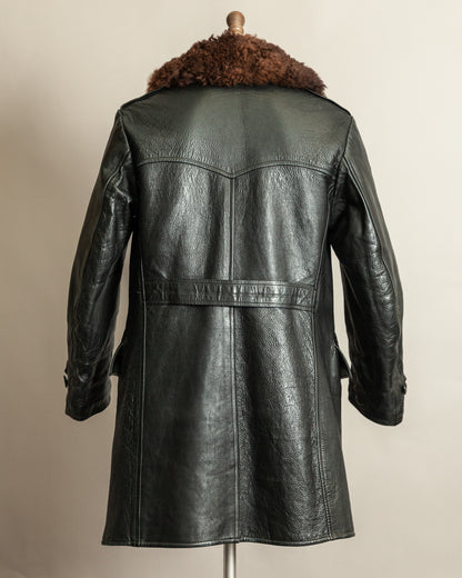 Vintage 1940s Swedish Officers Goatskin Leather Trench Coat Sheepskin Collar – Medium (42)