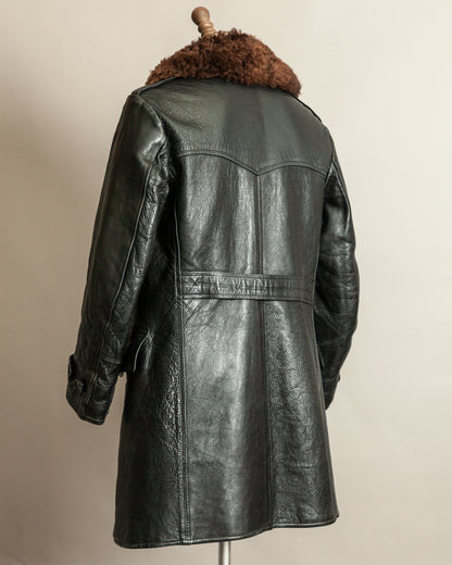 Vintage 1940s Swedish Officers Goatskin Leather Trench Coat Sheepskin Collar – Medium (42)