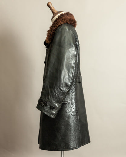 Vintage 1940s Swedish Officers Goatskin Leather Trench Coat Sheepskin Collar – Medium (42)