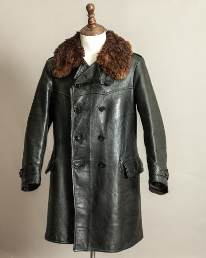 Vintage 1940s Swedish Officers Goatskin Leather Trench Coat Sheepskin Collar – Medium (42)